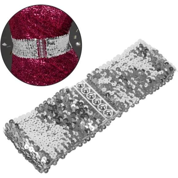 Women's Silver Sequin Belt for 70s 80s Party Costume Wide Waist Elastic Belt - Picture 6 of 9